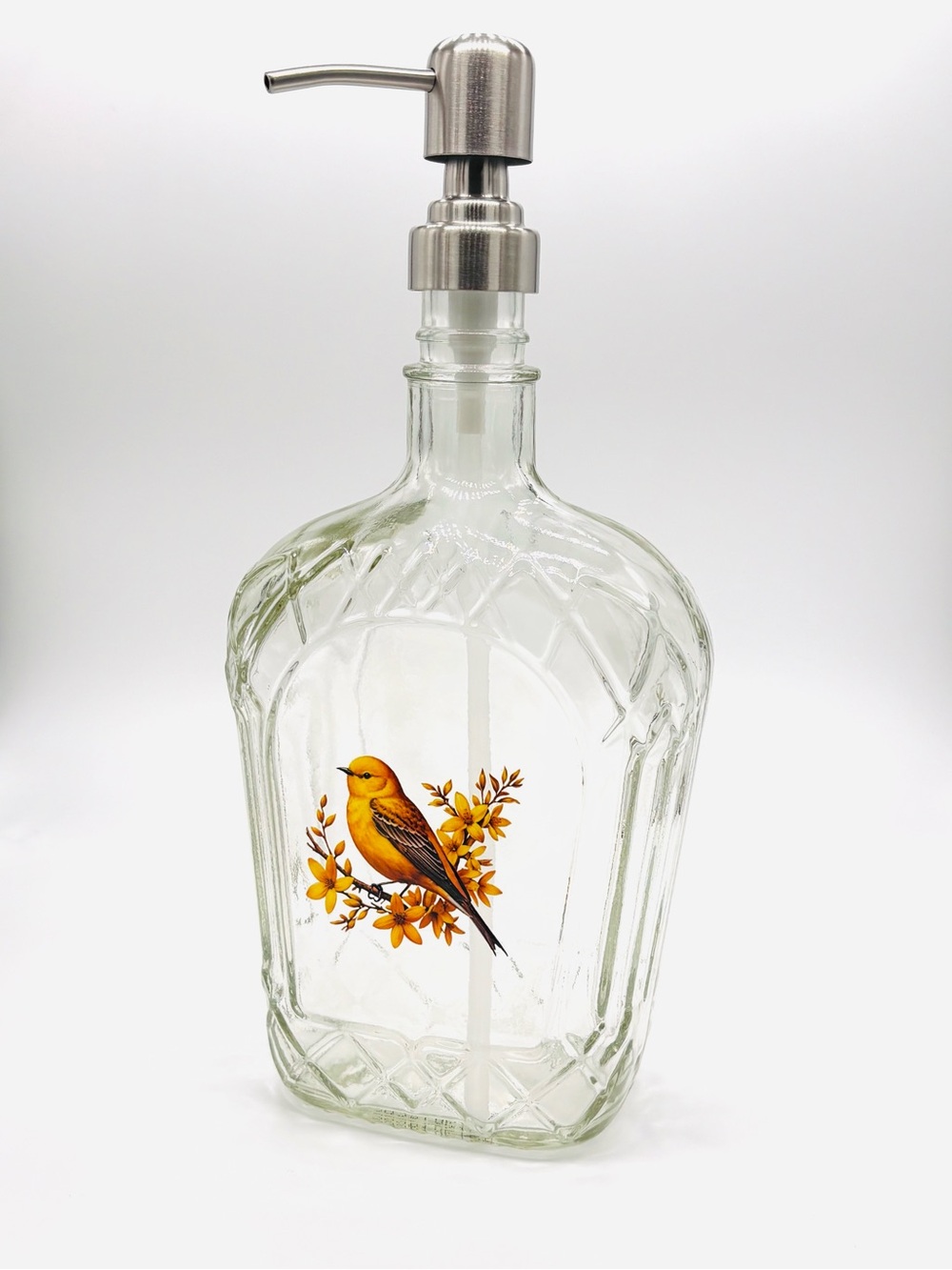 Upcycled Crown Royal Glass Soap Multi-Use Dispenser • Yellow Goldfinch Floral